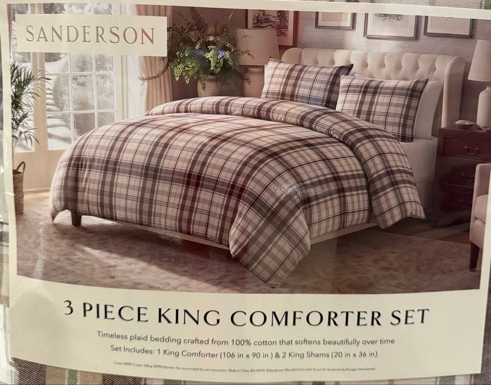 Sanderson 3 Piece King Comforter Set Plaid Tartan Burgundy, Sage Green, Tan